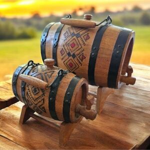 RARE Vintage German Wooden Wine Vessel Barrels w/Stands (Set of 2)
